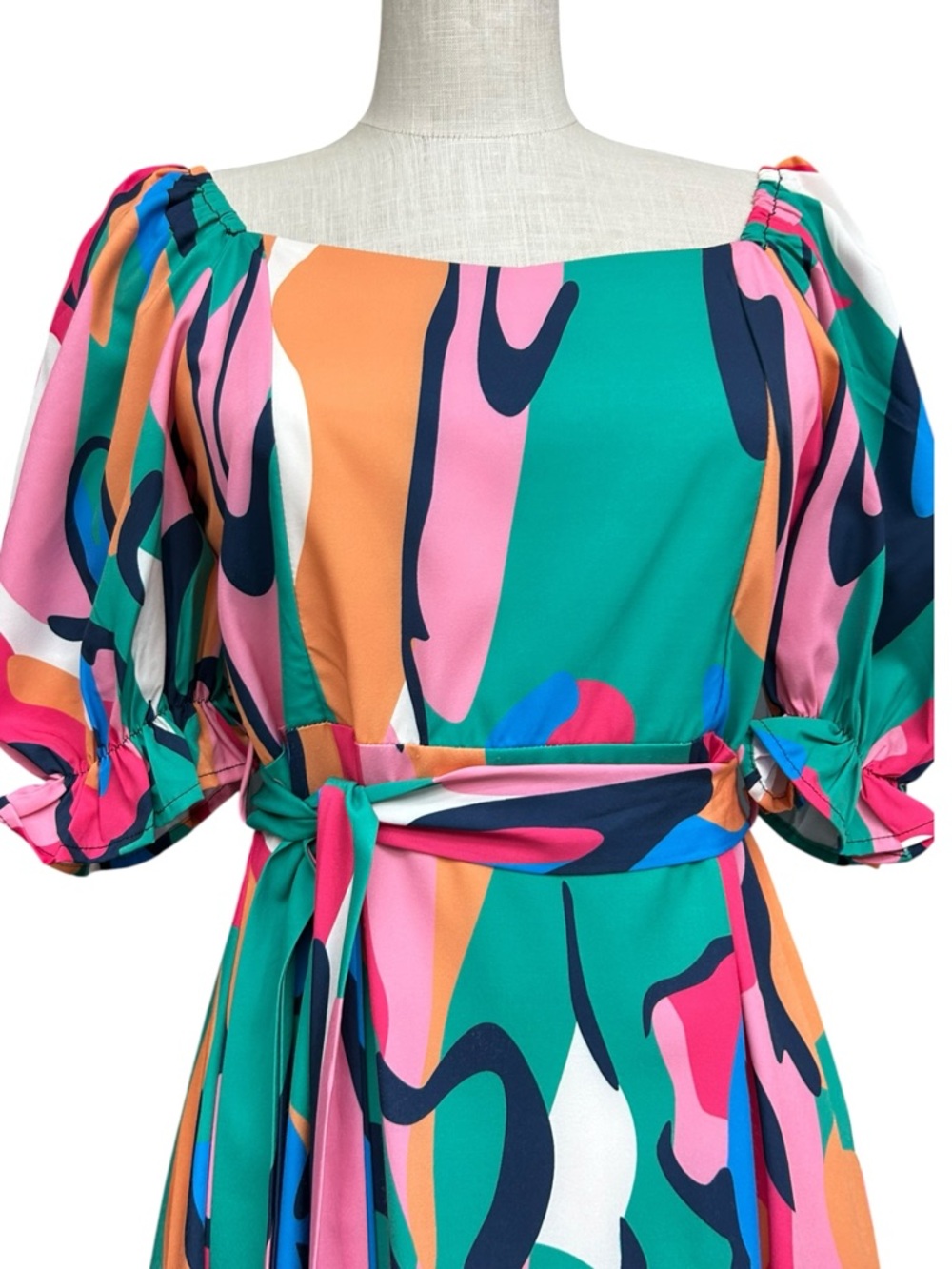 Sunday Up Multicolor Abstract Midi Dress Size Large Puff Sleeve Summer Tea Dress - Picture 6 of 15
